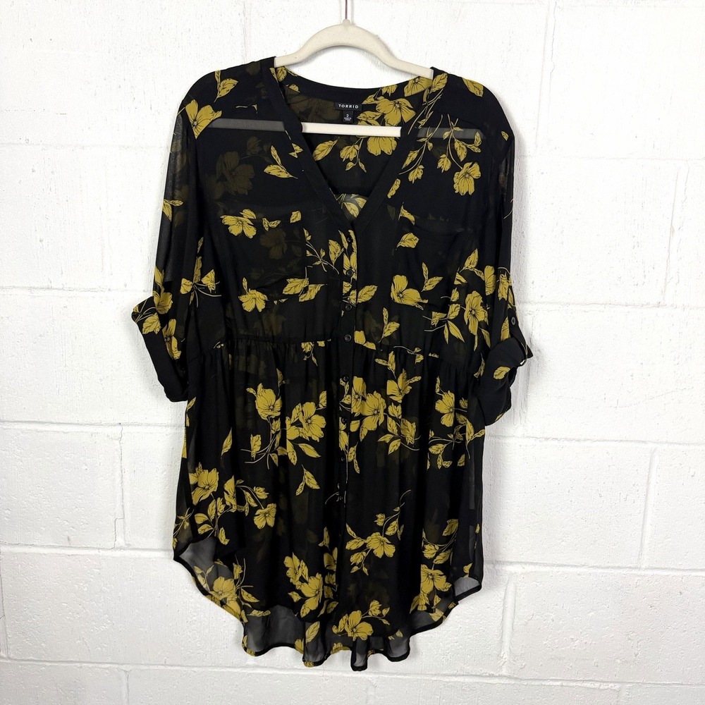 Torrid Sheer Floral Hi-Lo Tunic Plus Size 2X Roll Tab Sleeves Dark Forest Fairy